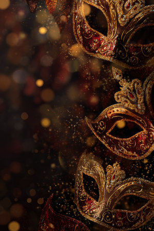 Decorative masks with intricate designs and shimmering details catch the light during a nighttime celebration filled with joy and festivity.の素材