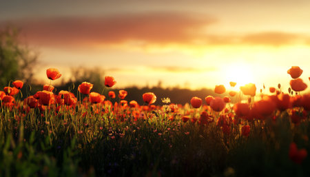 A field filled with bright red poppies swaying gently in the breeze as the sun sets behind the horizon, casting warm golden light over the landscape.の素材
