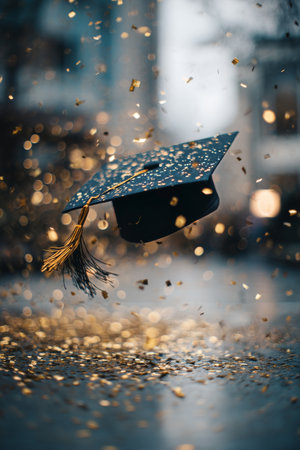 A graduation cap floats elegantly above a crowd, surrounded by sparkling confetti. This joyful moment captures the excitement and celebration of academic achievement at an outdoor event.の素材