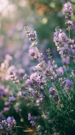 Lavender flowers stand tall in a vibrant garden, bathed in soft golden light of sunset. The delicate petals showcase shades of purple, creating a serene and calming atmosphere.の素材