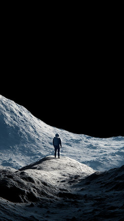An astronaut stands alone on the moons surface, gazing at Earth in the distance. The vast lunar landscape is illuminated by a distant sun, creating a dramatic effect.の素材