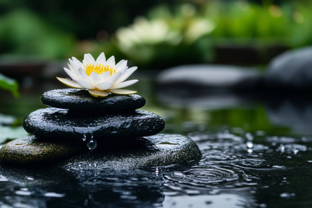 A serene lotus flower sits atop carefully arranged stones in a peaceful water garden. Raindrops create ripples in the water, enhancing the tranquil atmosphere of nature.の素材