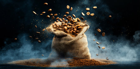 A burlap sack bursts open, scattering coffee beans and ground coffee in a captivating mix. Fine particles of coffee dust rise in the air, enhancing the dynamic atmosphere.の素材