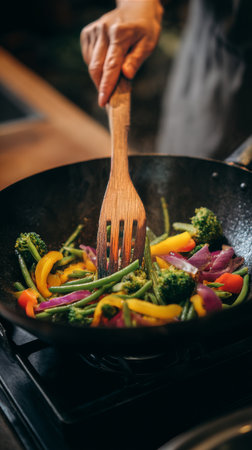 A hand is stirring vibrant vegetables in a hot wok on the stove. The mix includes broccoli, bell peppers, and green beans, showcasing a lively cooking atmosphere.の素材