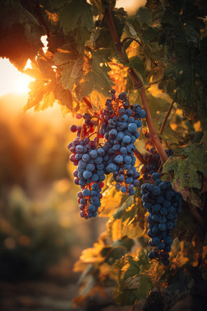 Clusters of ripe grapes dangle from lush green vines, illuminated by warm sunlight in a tranquil vineyard at dusk. Natures beauty shines in this serene setting.の素材