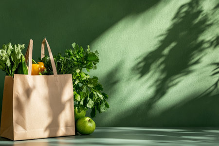 A paper bag filled with fresh vegetables such as cucumbers, bell peppers, and herbs rests on a table against a green wall, casting unique shadows in warm natural light.の素材