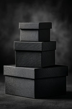 Dark, textured boxes are neatly stacked atop one another, forming a simple yet striking arrangement suitable for various display options.の素材