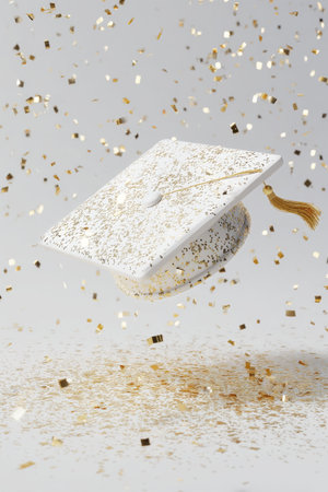 A white graduation cap is suspended in mid-air surrounded by golden confetti, symbolizing celebration and achievement. The joyful atmosphere captures the excitement of graduation.の素材