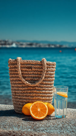 A wicker bag rests near a glass filled with a citrus drink, accompanied by vibrant oranges and lemons beside a serene blue ocean under a clear sky.の素材