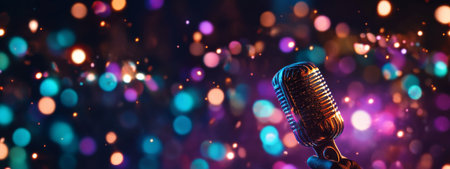 A vintage microphone stands out against a backdrop of colorful bokeh lights during a lively night music event. The ambience is festive and inviting for performers and audience alike.の素材
