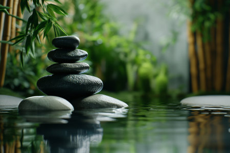 Smooth stones are carefully stacked, creating a peaceful focal point in serene water. Vibrant tropical plants add freshness to the tranquil atmosphere, suggesting relaxation and harmony.の素材