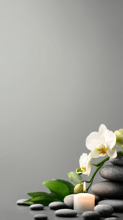 Stones stacked neatly alongside delicate white orchids create a serene atmosphere, complemented by soft green leaves. This peaceful setting invites relaxation and mindfulness.の素材