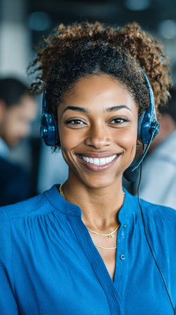 A cheerful woman wearing a headset interacts with clients in a vibrant office. Her friendly demeanor enhances the atmosphere of teamwork and communication during a busy workday.の素材