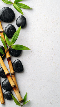Black stones and bamboo sticks are artistically arranged with fresh green leaves on a smooth light surface, creating a calming and serene atmosphere.の素材