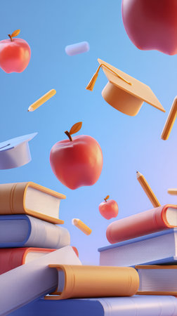 Bright apples, books, and graduation caps are suspended in the air, creating a lively atmosphere that celebrates education and creativity in a vibrant setting.の素材