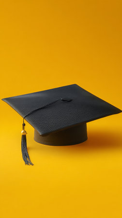 A graduation cap with a black tassel is displayed mid-air against a vibrant yellow background. This image symbolizes academic success and the joy of graduation.の素材