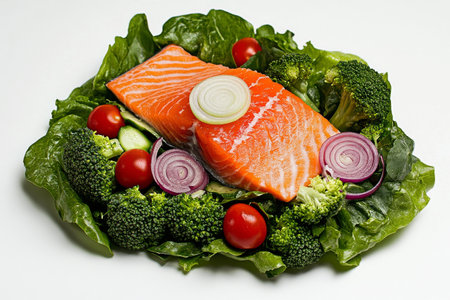 Plated salmon fillet is surrounded by a vibrant mix of lettuce, broccoli, red onion slices, and cherry tomatoes, showing a healthy and appetizing dish perfect for a meal.の素材