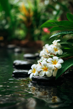 White flowers rest on smooth stones by a calm body of water. The sunlight gently illuminates the scene, creating a peaceful atmosphere surrounded by lush greenery.の素材