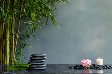 A tranquil spa arrangement features smooth stones stacked neatly, surrounded by fresh bamboo and a delicate lotus flower. A candle adds soft light to the peaceful ambiance.の素材