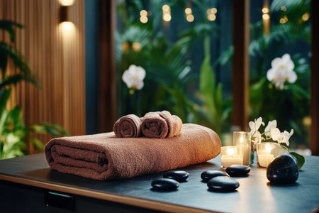 Soft lighting from candles enhances a tranquil spa area featuring smooth stones and elegant orchids, inviting relaxation and peace for visitors seeking rejuvenation.の素材