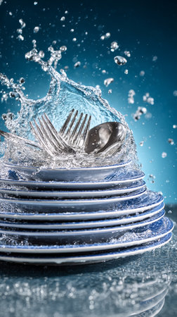Stacked blue and white plates and shiny cutlery are partially submerged as water splashes dramatically, capturing a lively moment during cleanup at a kitchen counter.の素材