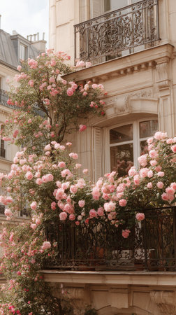 Blooming roses spill over a wrought iron balcony in a picturesque urban environment, capturing the charm of a sunny afternoon in a vibrant neighborhood.の素材