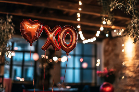 A festive indoor environment features rose gold balloons shaped as XO, surrounded by warm lighting and heart decorations. This inviting space is perfect for a celebration.の素材