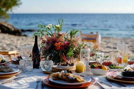 A beautifully set dining table on the beach showcases an array of fresh seafood, colorful dishes, and a stunning floral centerpiece as the sun begins to set over the ocean.の素材