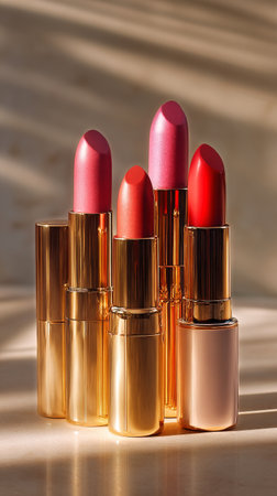Four beautifully packaged lipsticks in various shades are displayed on smooth satin fabric, showcasing their shiny gold casings and rich colors perfect for a stylish makeup application.の素材