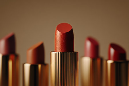 A collection of lipsticks stands elegantly in a row, showing various rich shades. The golden tubes reflect soft lighting, creating a warm and inviting atmosphere.の素材