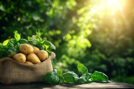 A burlap sack filled with freshly harvested potatoes sits on a wooden surface next to vibrant basil leaves, surrounded by lush greenery and warm sunlight.の素材