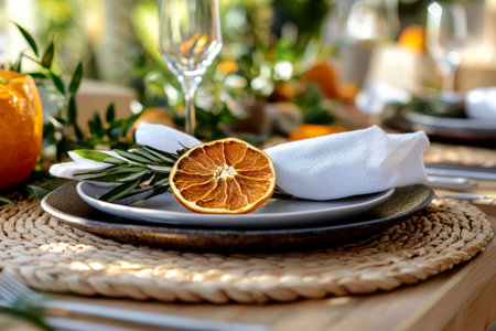 A beautifully arranged dining table features dried orange slices, greenery, and glassware, creating a warm atmosphere for an afternoon gathering outdoors.の素材