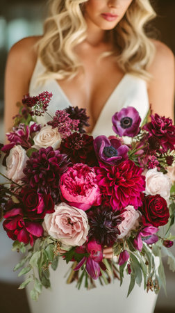 A woman holds a stunning bouquet filled with deep red, pink, and purple flowers, showing casing roses, dahlias, and other blooms.の素材