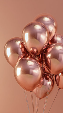 A cluster of shiny rose gold balloons is gathered together, adding an elegant touch to a celebration. The soft backdrop enhances their reflective surfaces, creating a joyful ambiance.の素材