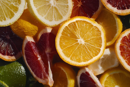 Freshly sliced citrus fruits display a vibrant array of colors. The assortment includes lemons, limes, and blood oranges, highlighting natural beauty and freshness.の素材