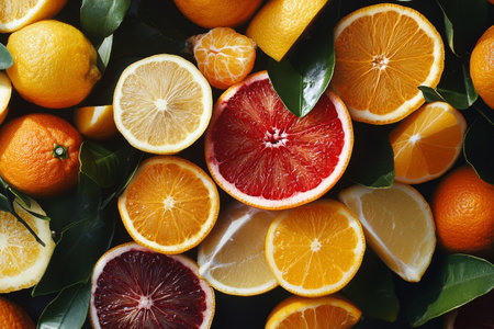 Various citrus fruits are artistically arranged, showing bright oranges, yellows, and reds with fresh green leaves enhancing the colorful palette.の素材