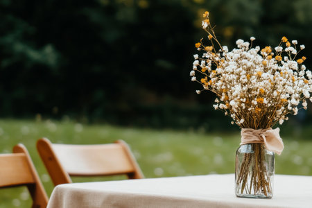 A glass vase filled with wildflowers sits on a neatly set table in a peaceful garden. Wooden chairs are visible, complementing the natural setting under soft daylight.の素材