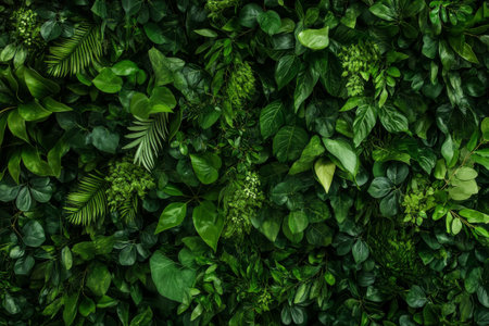 Various green leaves form a dense natural backdrop, showing different textures and shades of green. The light highlights their fresh appearance, creating a calming atmosphere.の素材