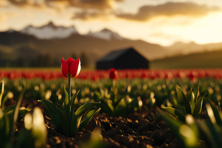 A vibrant tulip field captures the beauty of sunset. A lone red tulip stands tall in the foreground, with mountains and a barn illuminated by warm light in the distance.の素材