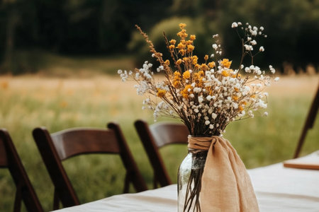 A charming glass vase filled with wildflowers sits on a rustic table in an outdoor setting. Wooden chairs are arranged nearby, with a serene field in the background.の素材