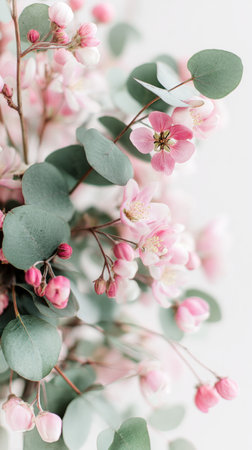 Soft pink flowers and lush green leaves intertwine elegantly, creating a calming and peaceful display that brightens any space. This arrangement showcases natures beauty.の素材