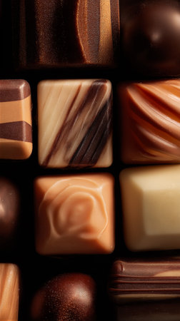 Close-up view of a variety of gourmet chocolate pieces, showing unique patterns and colors. The chocolates are organized in a grid, highlighting their exquisite designs.の素材