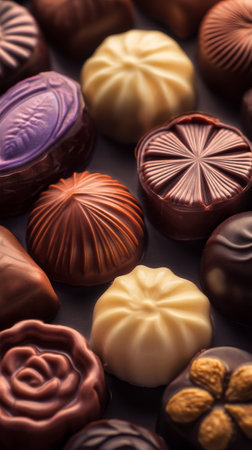 A variety of handcrafted chocolates are displayed together, showing unique shapes and textures. The rich colors and glossy finishes make for an enticing assortment.の素材