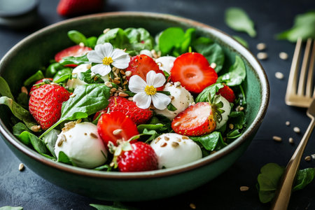 A colorful salad features fresh spinach, ripe strawberries, and creamy mozzarella balls, garnished with sunflower seeds and delicate flowers, creating a delightful presentation.の素材