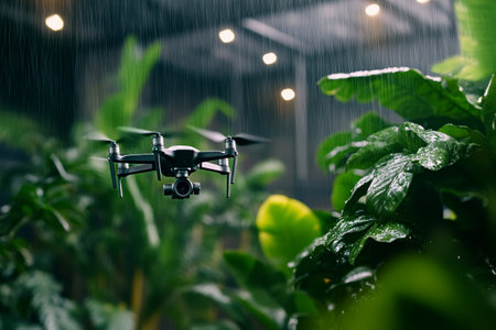 A drone hovers amidst vibrant green plants in an indoor garden while droplets of rain cascade, creating an enchanting atmosphere illuminated by soft, warm lights.の素材