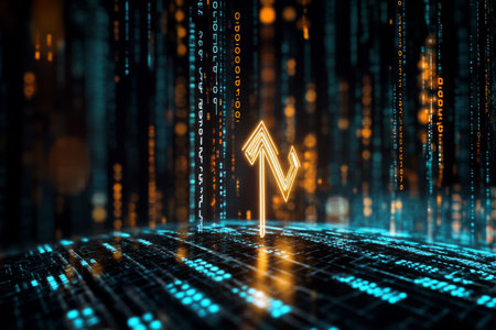 An upward-pointing arrow made of glowing particles rises above a circuit board, symbolizing progress and growth within a digital landscape filled with data patterns.の素材