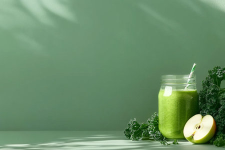 A vibrant green smoothie sits in a jar next to fresh kale and half an apple against a soft, muted backdrop, highlighting healthy eating and wellness.の素材