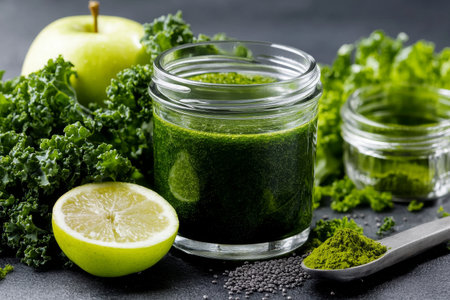 Kale, green apple, lemon, and matcha powder are arranged near a glass jar filled with a vibrant green smoothie. Fresh greens add to the healthy vibe of this kitchen setting.の素材