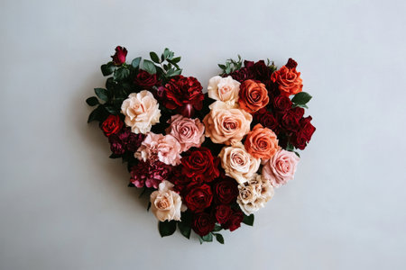 A beautiful heart-shaped arrangement of roses in shades of red, pink, and cream is displayed on a soft light background, perfect for expressing love and affection.の素材