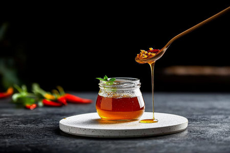 Honey drips gracefully from a wooden spoon into a small glass jar. The setting features vibrant chili peppers, creating a visually appealing contrast.の素材